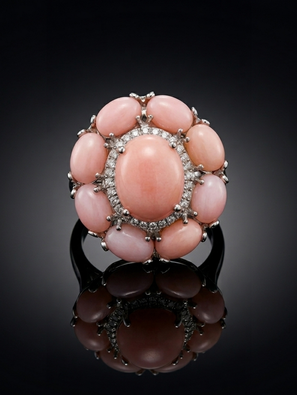 Premium Peruvian Pink Opal and White Zircon Cocktail Ring in Platinum Over 925